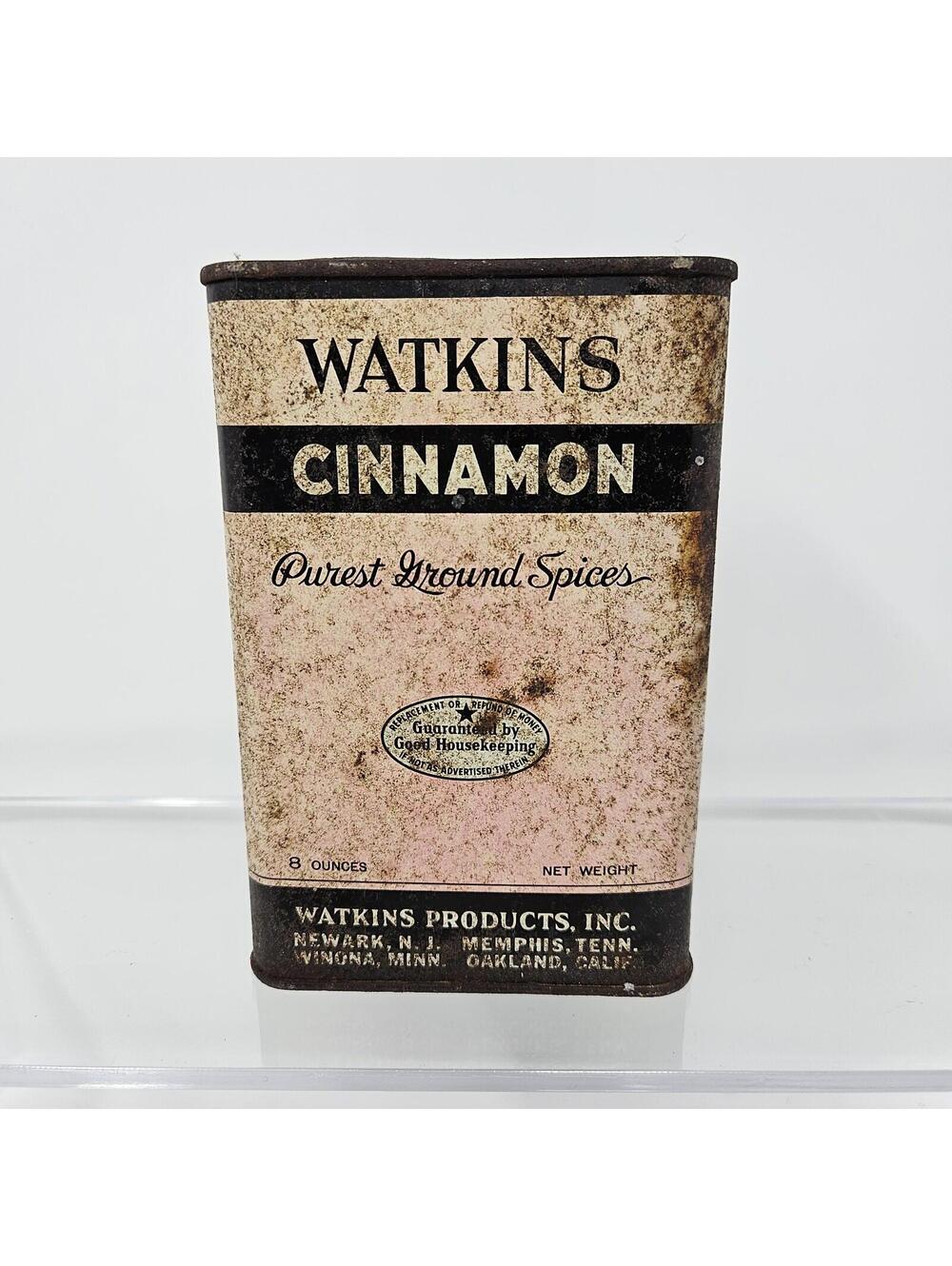 J.R. Watkins Co. Cinnamon 8 oz Spice Tin Faded Rusty Pink Vintage 1940s-1950s